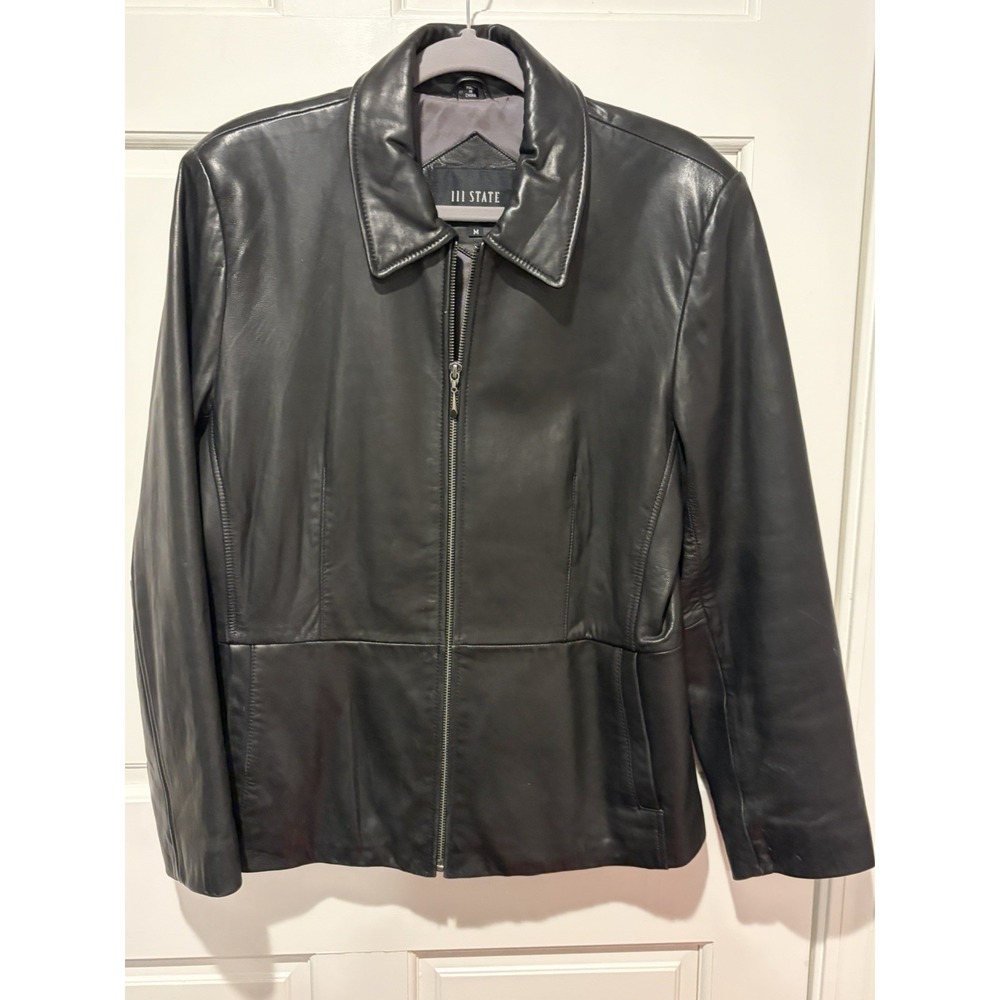 111 State Womens Black Leather Long Sleeve Collared Full-Zip Jacket Size Medium
